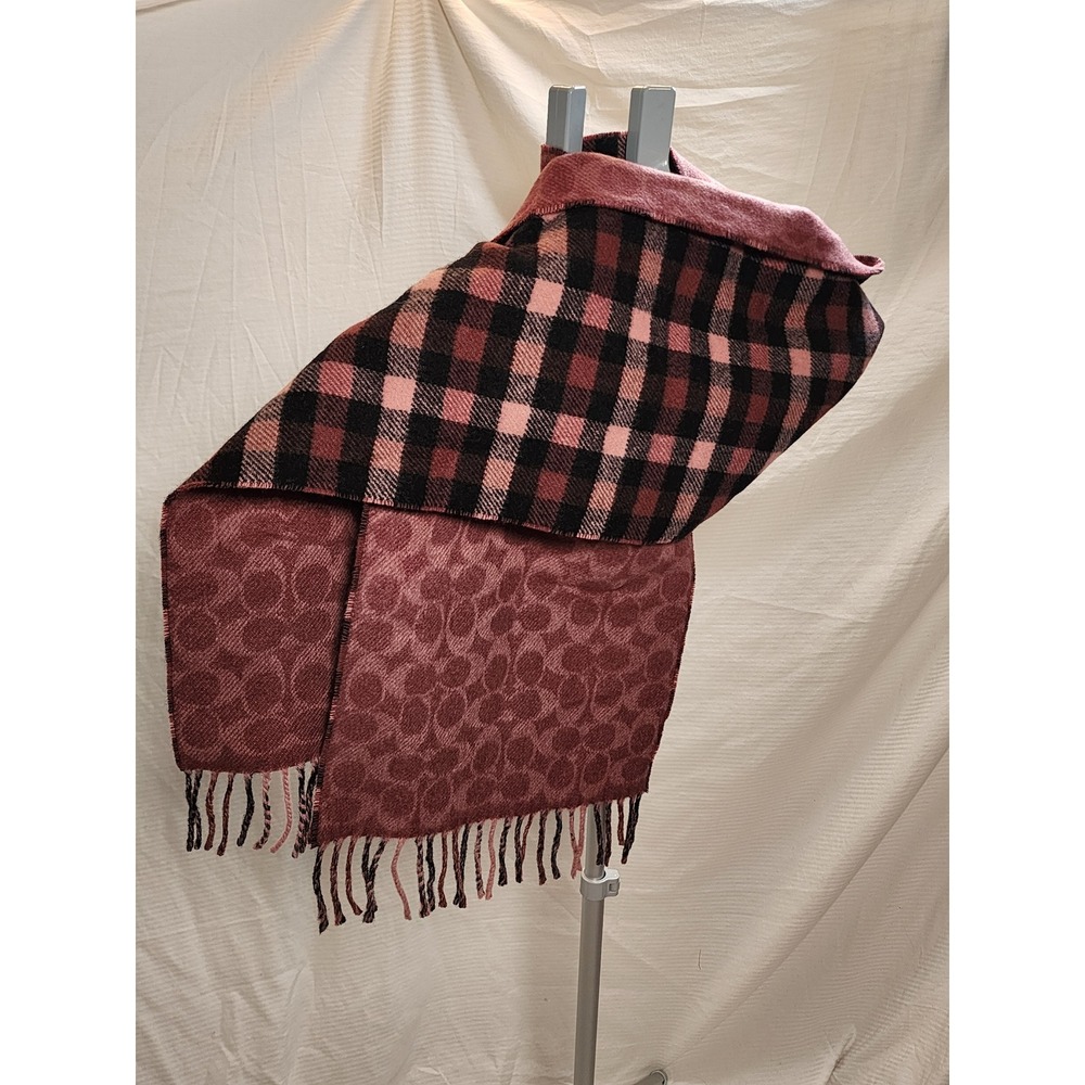Coach Reversible Signature Gingham C Logo 100% Wool Scarf Muffler